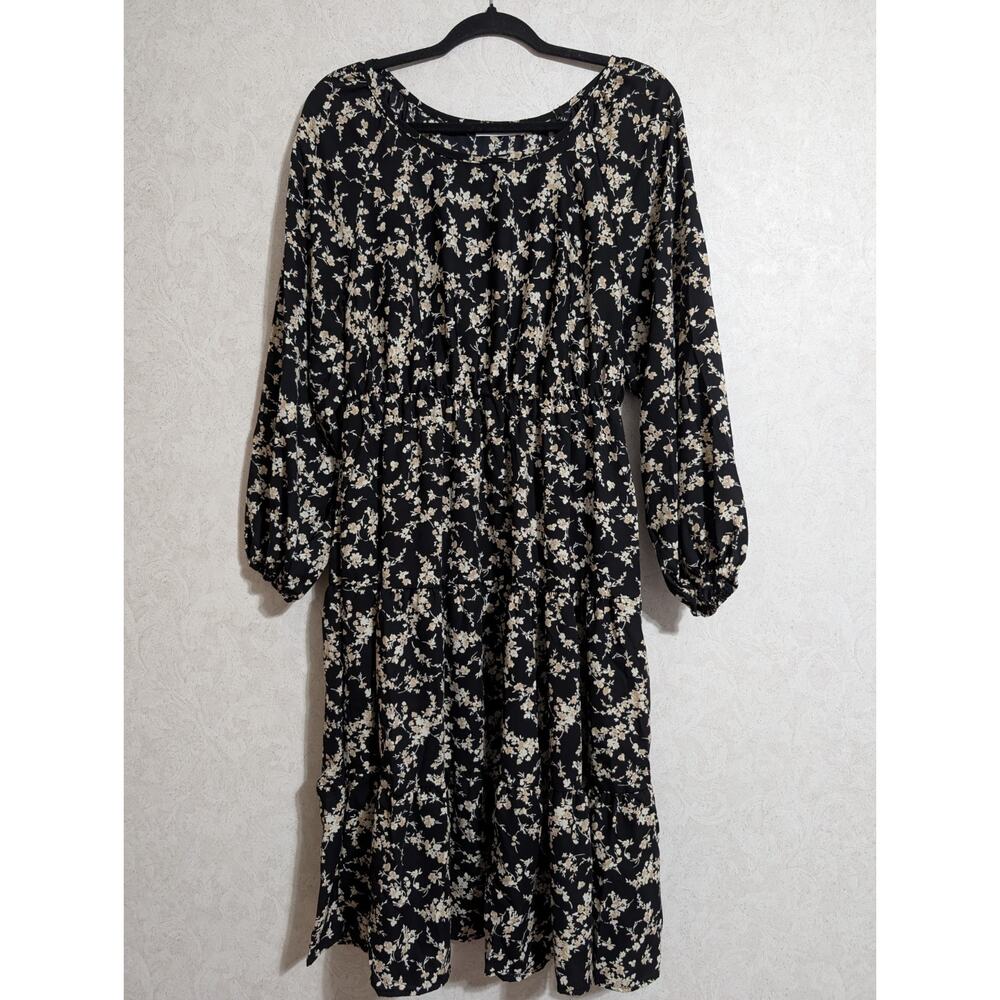 CES FEMME Black Floral Tiered Midi Dress Long Sleeve Women’s Medium